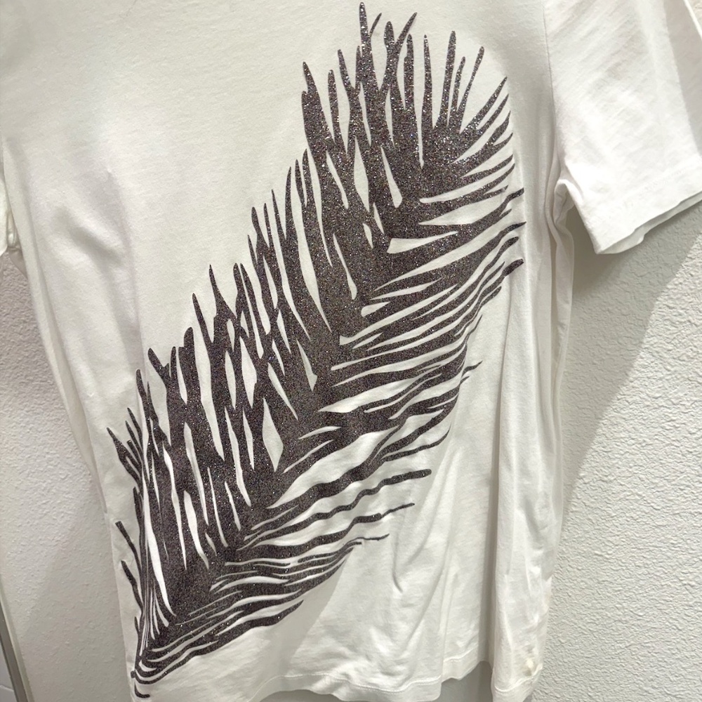 Tory Burch White T-Shirt with Glitter Feather Detail